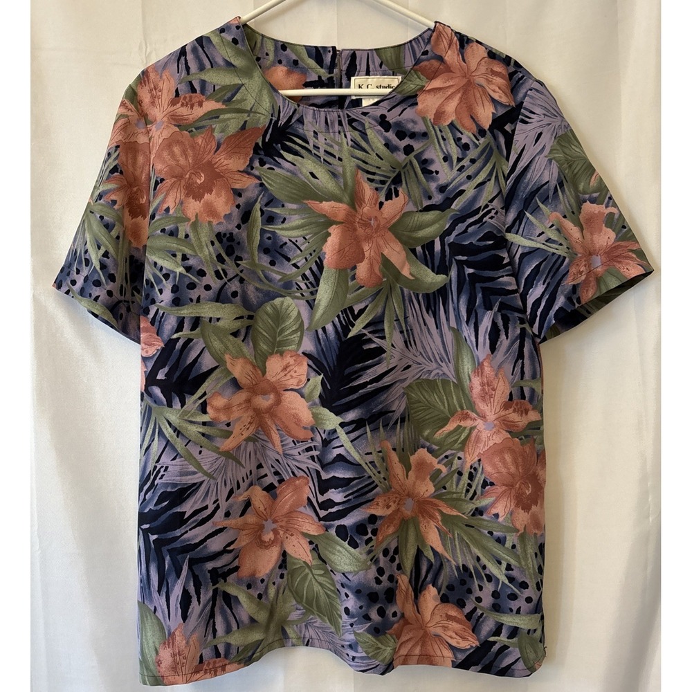 K‎ C Studio Women's Short Sleeve Floral Tropical Hawaiian Blouse Size L